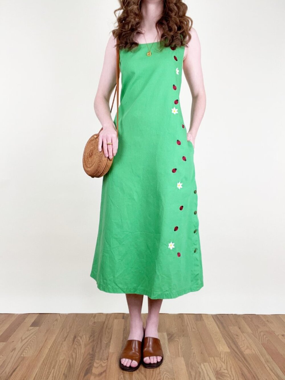 Vintage 90s Embroidered Maxi Sun Dress Lady Bug Floral Embroidery Shift Sundress